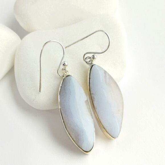 Blue Lace Agate freeform dangle earrings in Sterling Silver - Picture 1 of 9